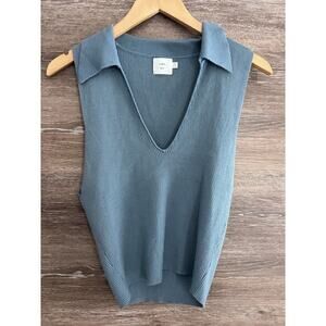 Luna Ivy Top Cropped Blue XL Knit V Neck Sleeveless Collared